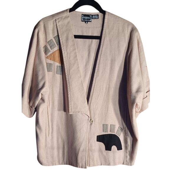Origins II 100% Cotton Blazer Womens Small Beige with Abstract Design Lagenlook - Picture 1 of 5